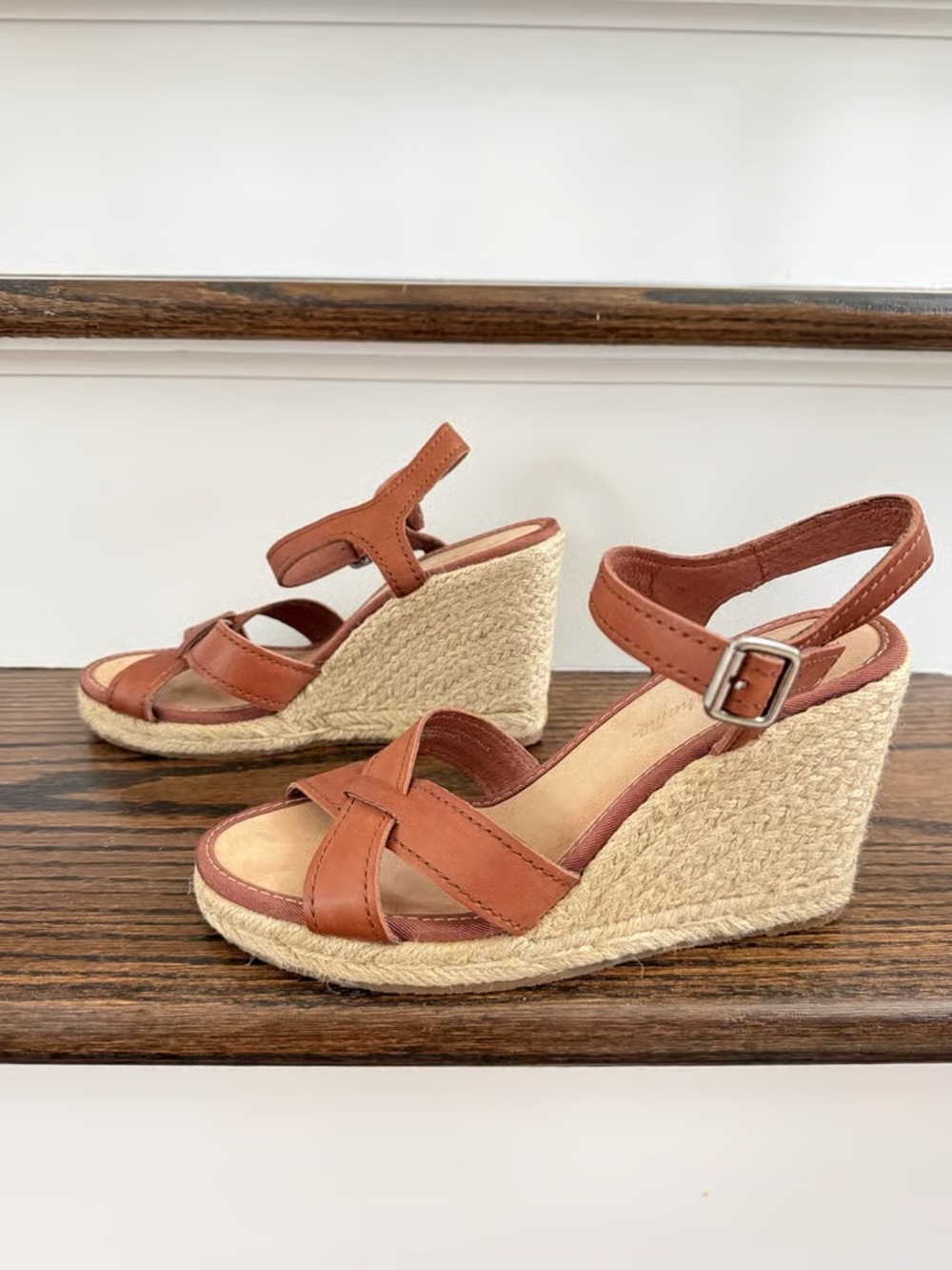 Time and Tru Tan Espadrille Wedge Sandals with Ankle Buckle